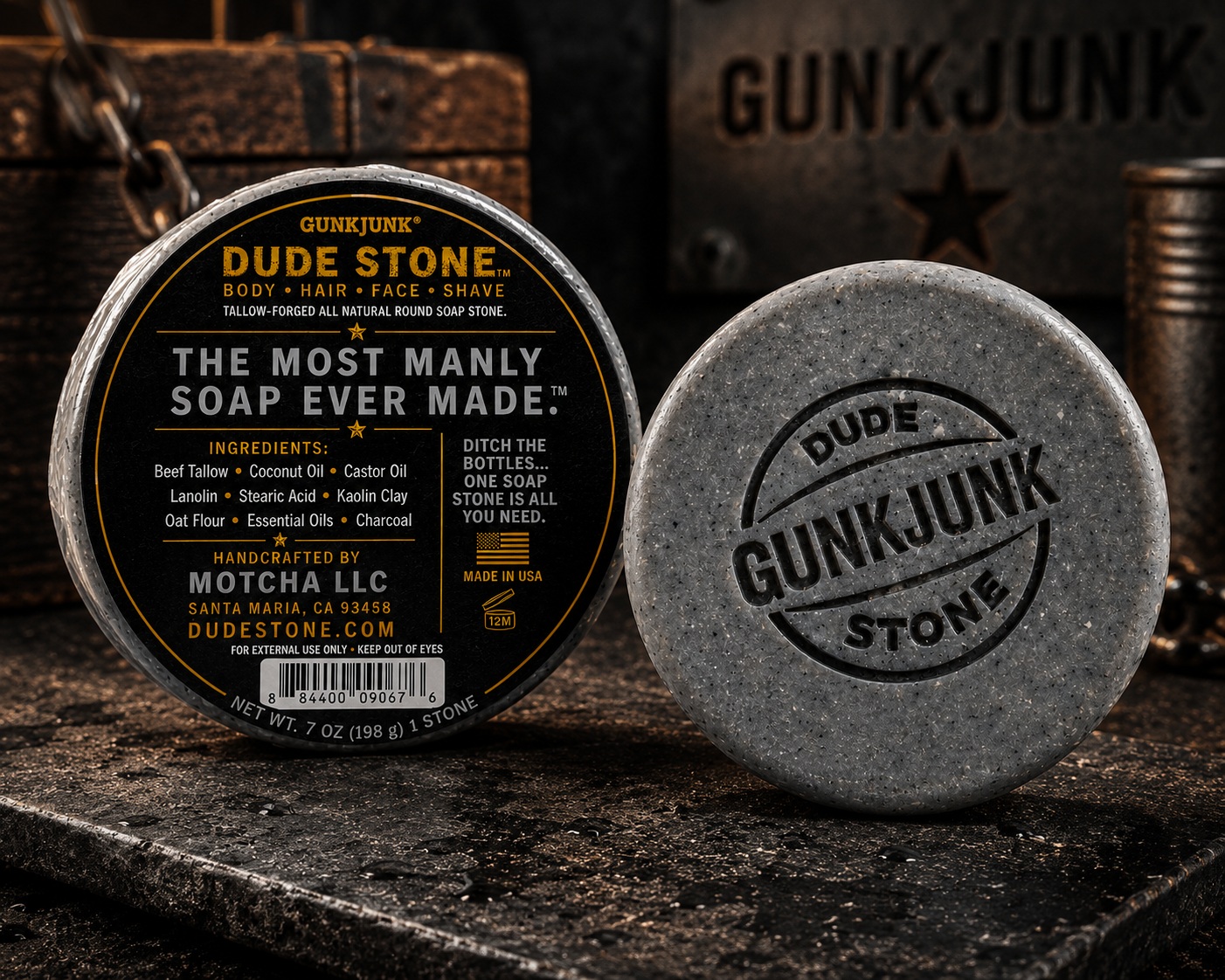 DUDE STONE all-in-one tallow soap stone and product label