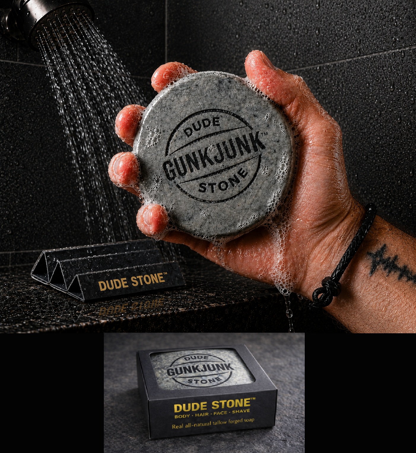 DUDE STONE all-in-one tallow soap in shower